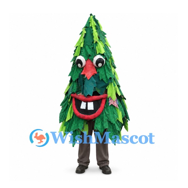 Christmas Tree Mascot Costume with Layered Green Leaves and Red Nose