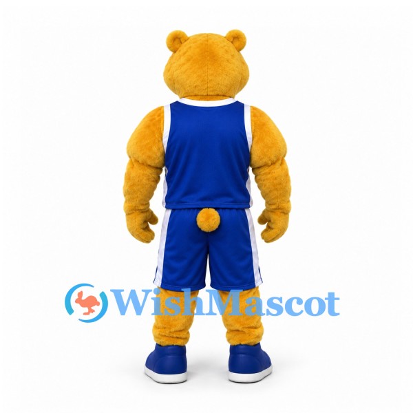 Bear Mascot Costume in Gold with Blue Basketball Uniform