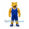Bear Mascot Costume in Gold with Blue Basketball Uniform