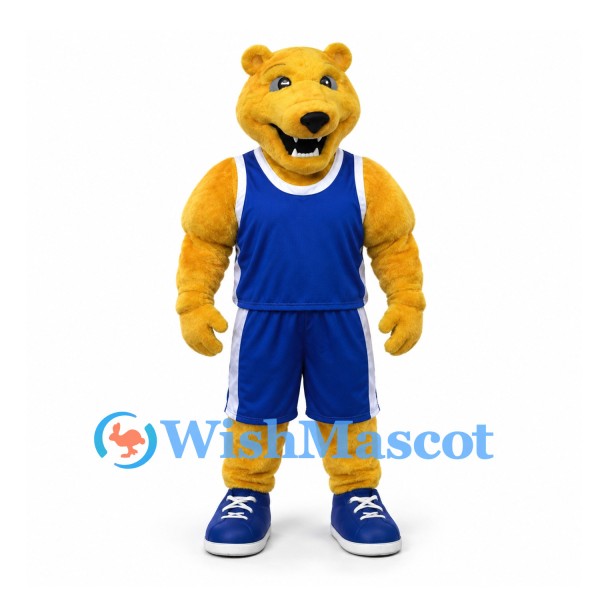 Bear Mascot Costume in Gold with Blue Basketball Uniform
