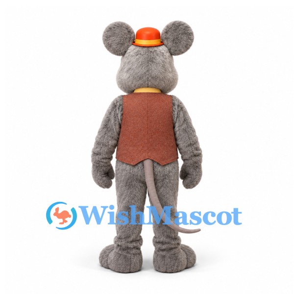 Mouse Mascot Costume in Gray with Brown Vest Glasses and Orange Hat