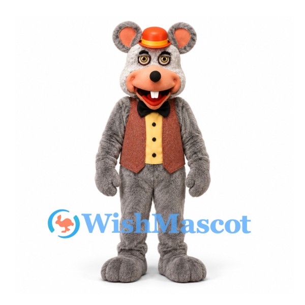 Mouse Mascot Costume in Gray with Brown Vest Glasses and Orange Hat