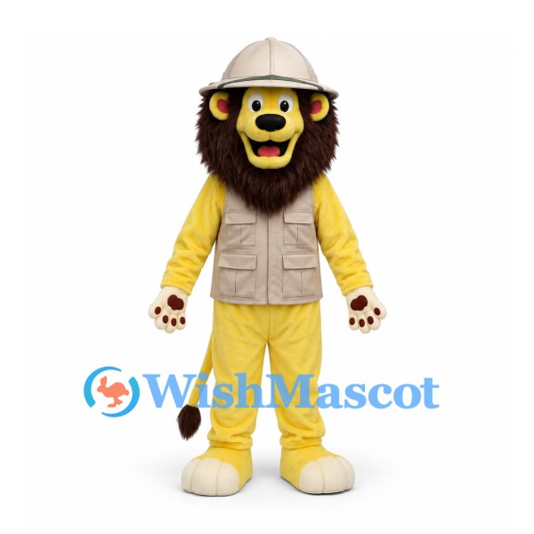 Lion Mascot Costume in Yellow with Safari Vest and Pith Helmet