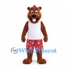 Beaver Mascot Costume in Brown with White Shirt and Red Floral Shorts