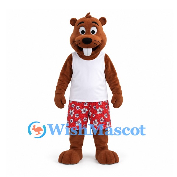 Beaver Mascot Costume in Brown with White Shirt and Red Floral Shorts