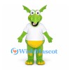 Dragon Mascot Costume in Lime Green with White Shirt and Yellow Belly