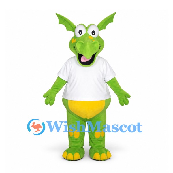Dragon Mascot Costume in Lime Green with White Shirt and Yellow Belly