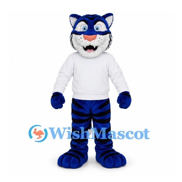 Tiger Mascot Costume in Blue and Black with White Shirt