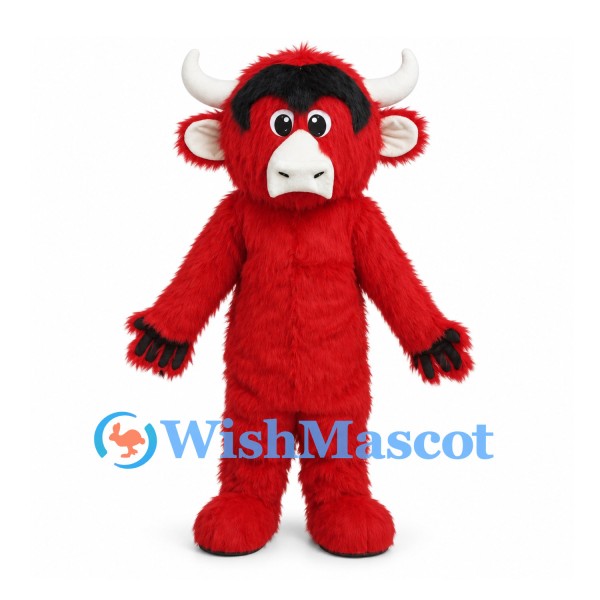 Bull Mascot Costume in Red with White Horns and Black Hair