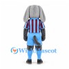 Dog Mascot Costume in Gray with Burgundy Striped Shirt and Blue Shorts