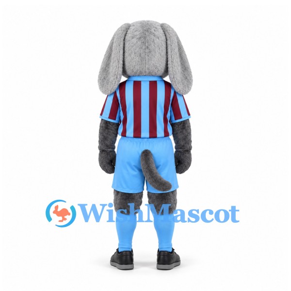 Dog Mascot Costume in Gray with Burgundy Striped Shirt and Blue Shorts