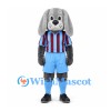 Dog Mascot Costume in Gray with Burgundy Striped Shirt and Blue Shorts