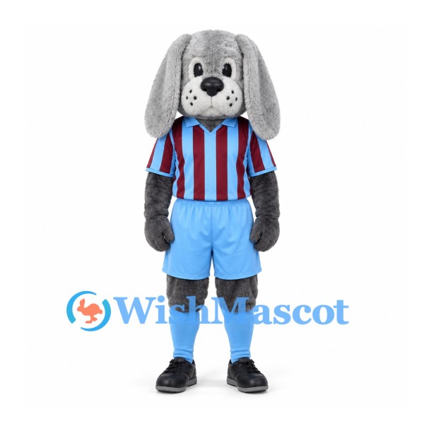 Dog Mascot Costume in Gray with Burgundy Striped Shirt and Blue Shorts
