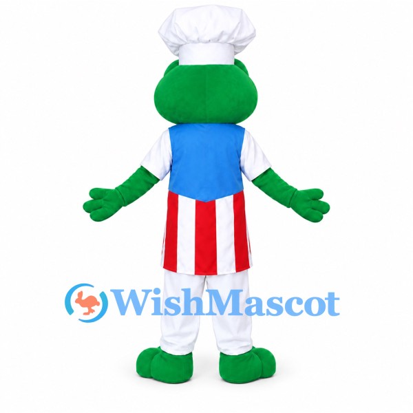 Frog Mascot Costume in Green with Chef Hat and Red Striped Apron