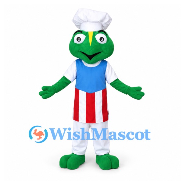Frog Mascot Costume in Green with Chef Hat and Red Striped Apron