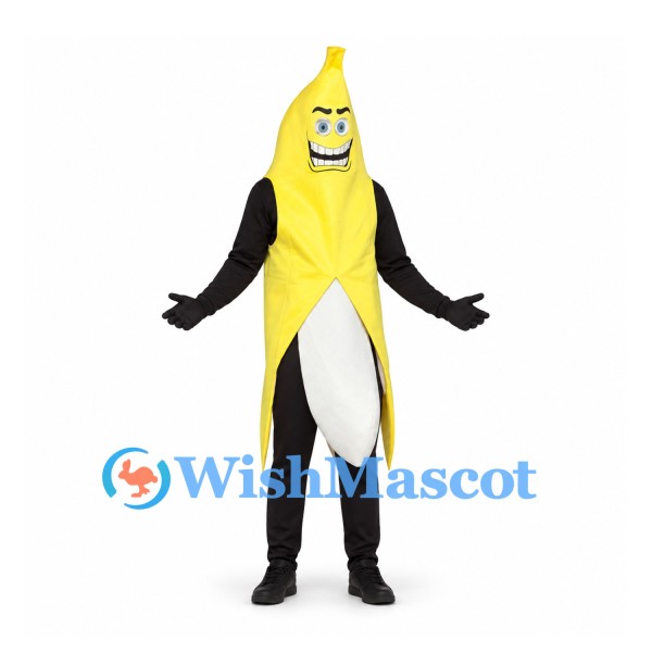 Banana Mascot Costume in Yellow with Open Peel and Black Sleeves
