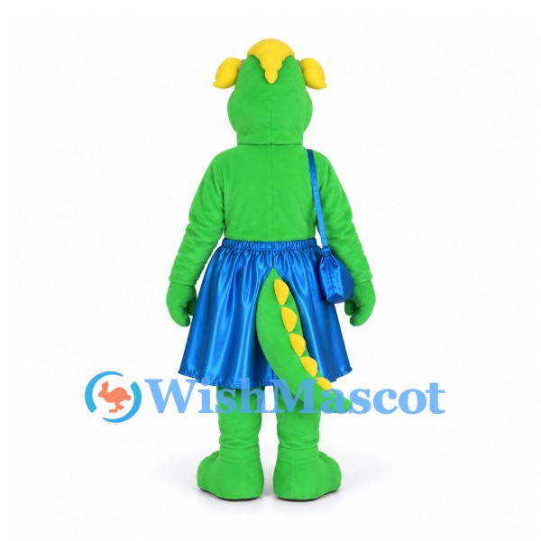 Dragon Mascot Costume in Green with Blue Dress and Shoulder Bag