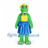 Dragon Mascot Costume in Green with Blue Dress and Shoulder Bag