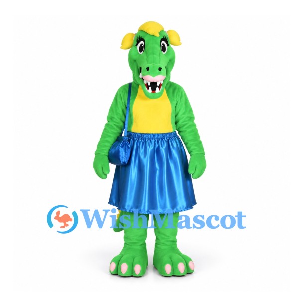 Dragon Mascot Costume in Green with Blue Dress and Shoulder Bag