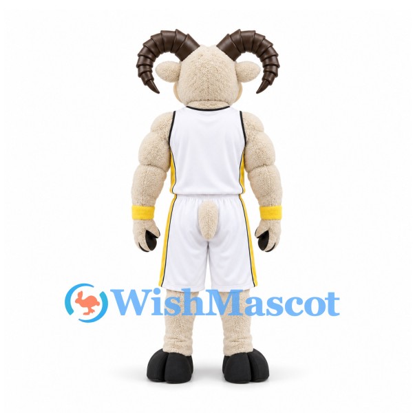 Ram Mascot Costume in Cream with White Basketball Uniform