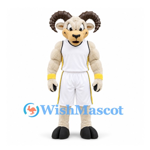 Ram Mascot Costume in Cream with White Basketball Uniform