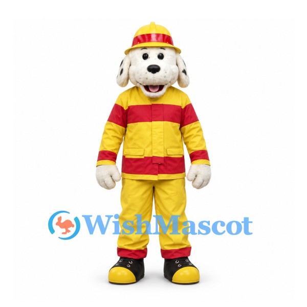 Dog Mascot Costume in Yellow and Red Firefighter Uniform