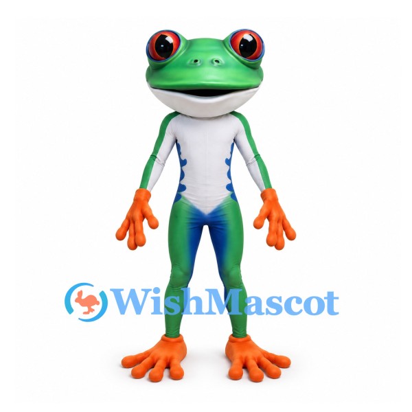 Frog Mascot Costume in Green with Red Eyes and Orange Hands and Feet