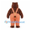 Bear Mascot Costume in Brown with Red and Yellow Striped Overalls