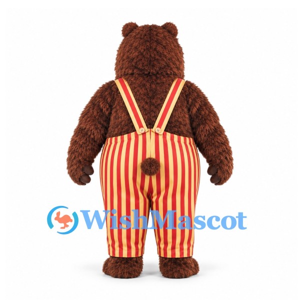 Bear Mascot Costume in Brown with Red and Yellow Striped Overalls