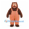 Bear Mascot Costume in Brown with Red and Yellow Striped Overalls