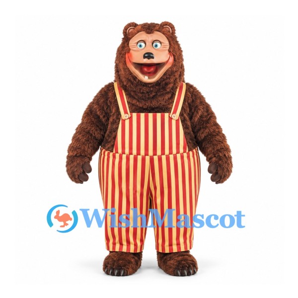 Bear Mascot Costume in Brown with Red and Yellow Striped Overalls