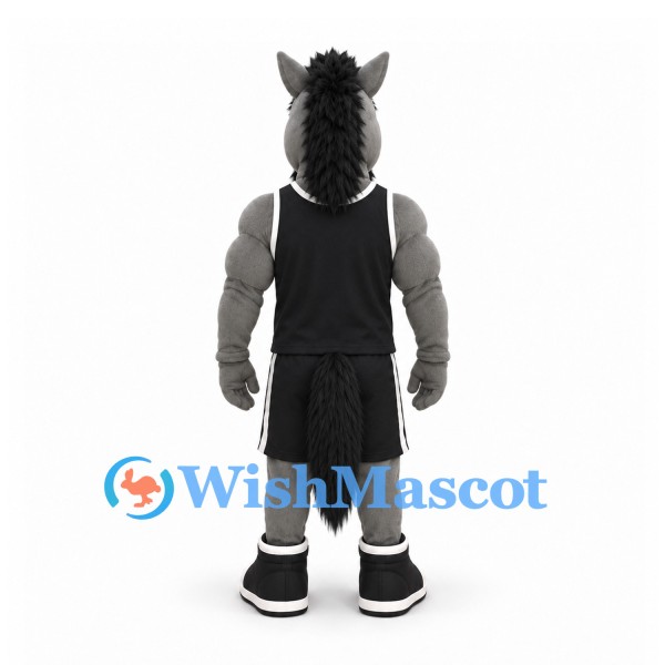 Horse Mascot Costume in Gray with Black Basketball Uniform