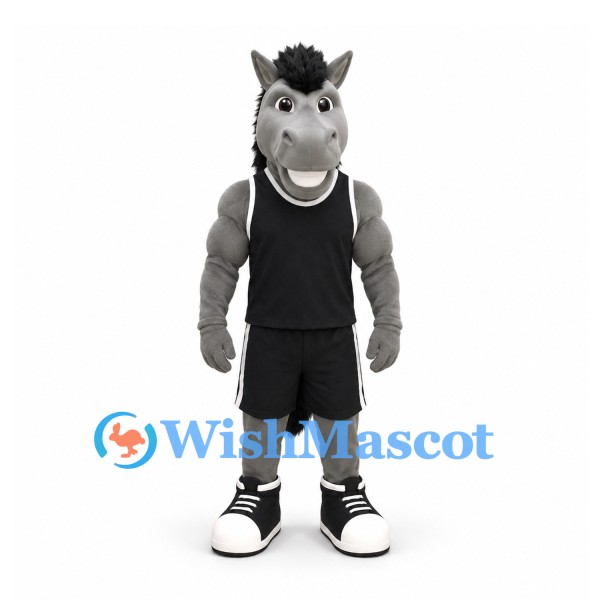 Horse Mascot Costume in Gray with Black Basketball Uniform