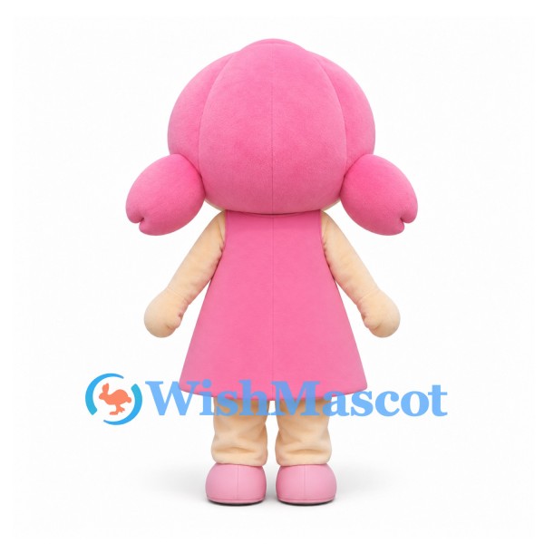 Girl Mascot Costume with Pink Hair and Strawberry Detail Dress