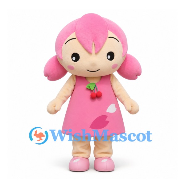 Girl Mascot Costume with Pink Hair and Strawberry Detail Dress