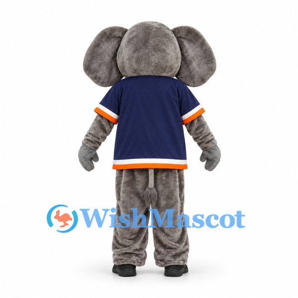 Elephant Mascot Costume in Gray with Navy Sports Shirt and Orange Trim