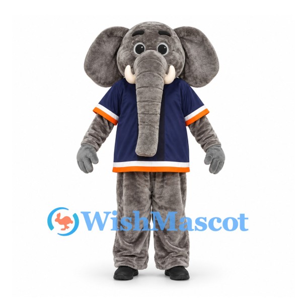 Elephant Mascot Costume in Gray with Navy Sports Shirt and Orange Trim