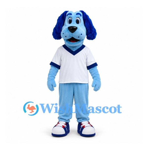 Dog Mascot Costume in Blue with White Shirt and Light Blue Trousers
