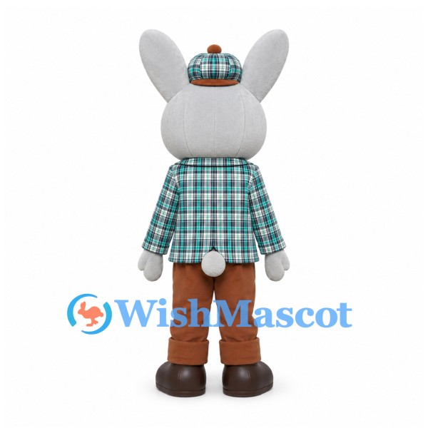 Rabbit Mascot Costume in Gray with Plaid Jacket and Brown Trousers