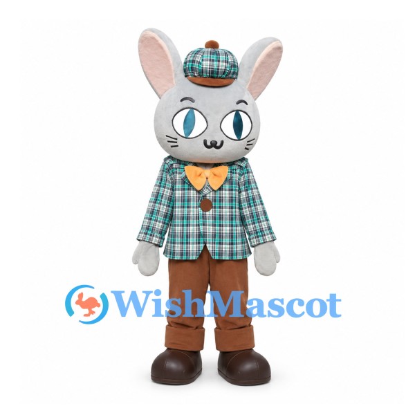 Rabbit Mascot Costume in Gray with Plaid Jacket and Brown Trousers