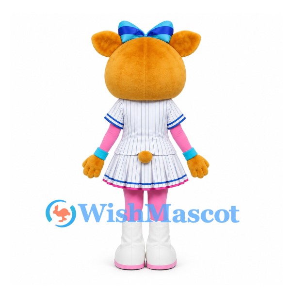 Cat Mascot Costume in Orange with Blue Bow and White Cheerleader Dress