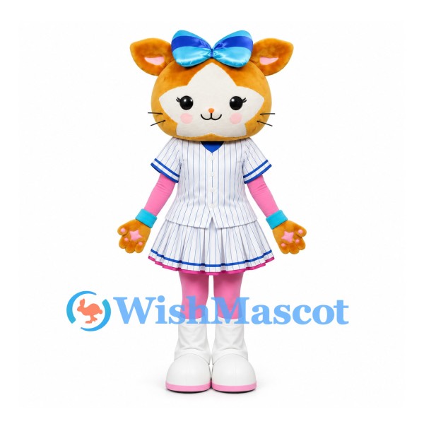 Cat Mascot Costume in Orange with Blue Bow and White Cheerleader Dress