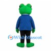 Frog Mascot Costume in Green with Glasses Blue Jacket and Striped Tie