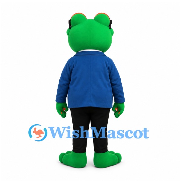 Frog Mascot Costume in Green with Glasses Blue Jacket and Striped Tie