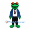 Frog Mascot Costume in Green with Glasses Blue Jacket and Striped Tie
