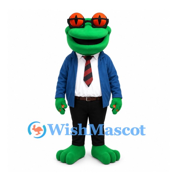 Frog Mascot Costume in Green with Glasses Blue Jacket and Striped Tie