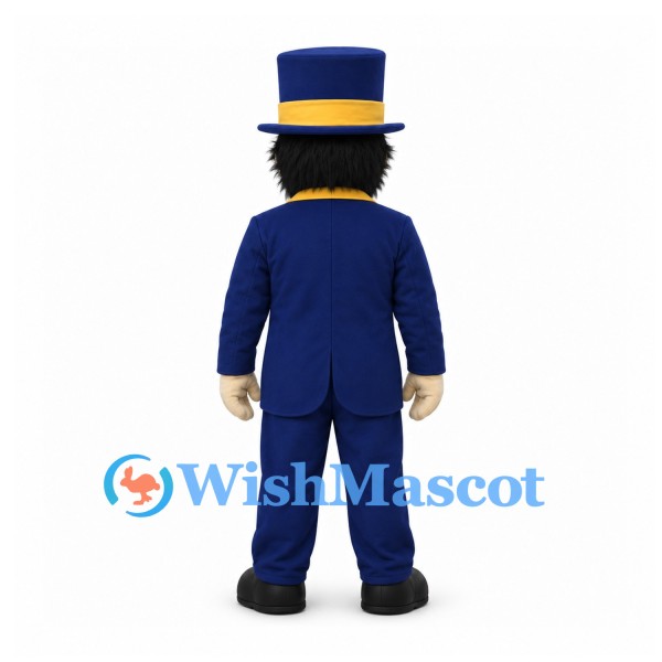 Gentleman Mascot Costume with Black Beard Blue Top Hat and Yellow Waistcoat
