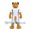 Cougar Mascot Costume in Gold with White Baseball Uniform