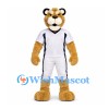 Cougar Mascot Costume in Gold with White Baseball Uniform