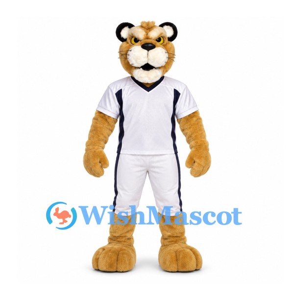 Cougar Mascot Costume in Gold with White Baseball Uniform